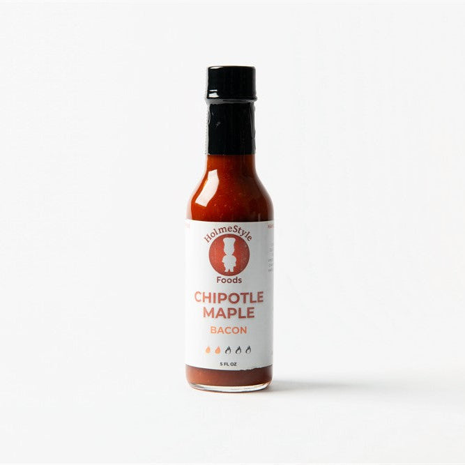 Bottle of chipotle maple bacon sauce on a white background