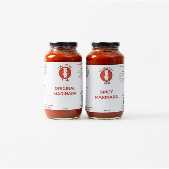 Two jars of spaghetti sauce, one labeled 'Original Marinara' and the other 'Spicy Marinara', on a white background.