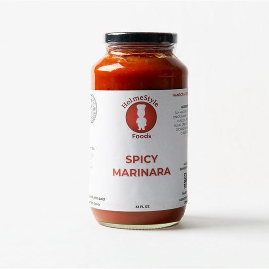 Jar of Holmestyle Foods Spicy Marinara sauce on a white background