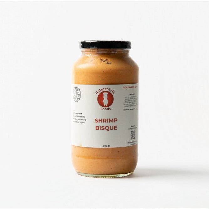Jar of Shrimp Bisque with a white label on a white background