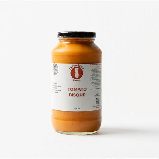 Jar of Holmestyle Tomato Bisque on a white background
